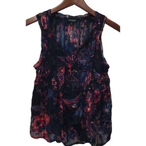 Lucky Brand Sheer Floral Henley Tank Top Blue Purple Pink Size Small